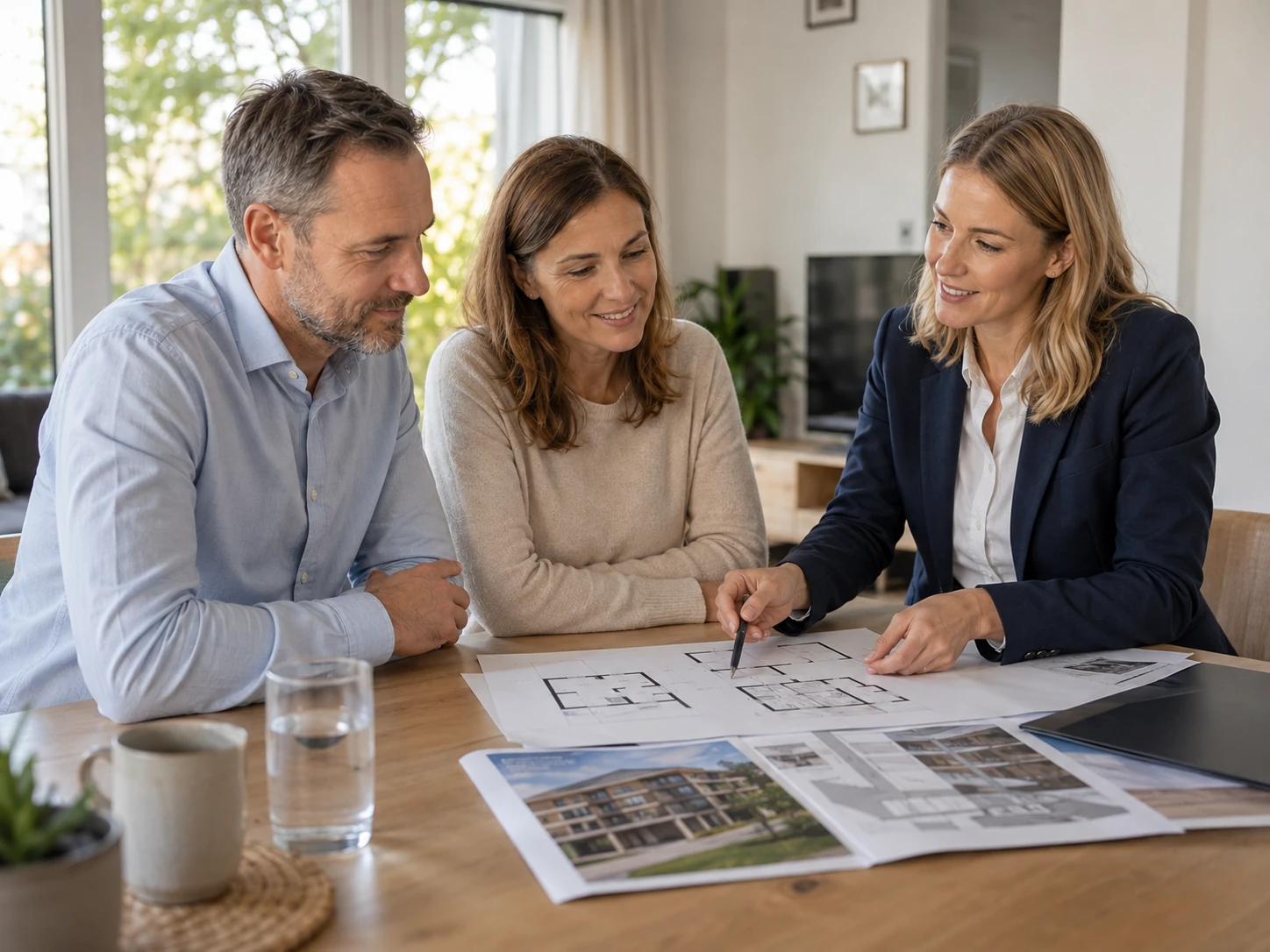 Paar im persönlichen Immobiliengespräch mit einer Beraterin